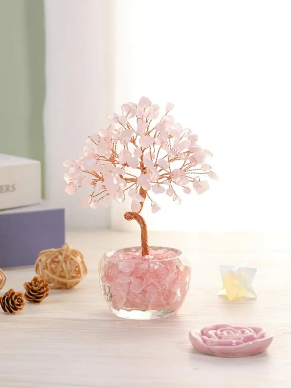 Rose Quartz Crystal Tree - Natural Gemstone Bonsai Money Tree for Home Decor